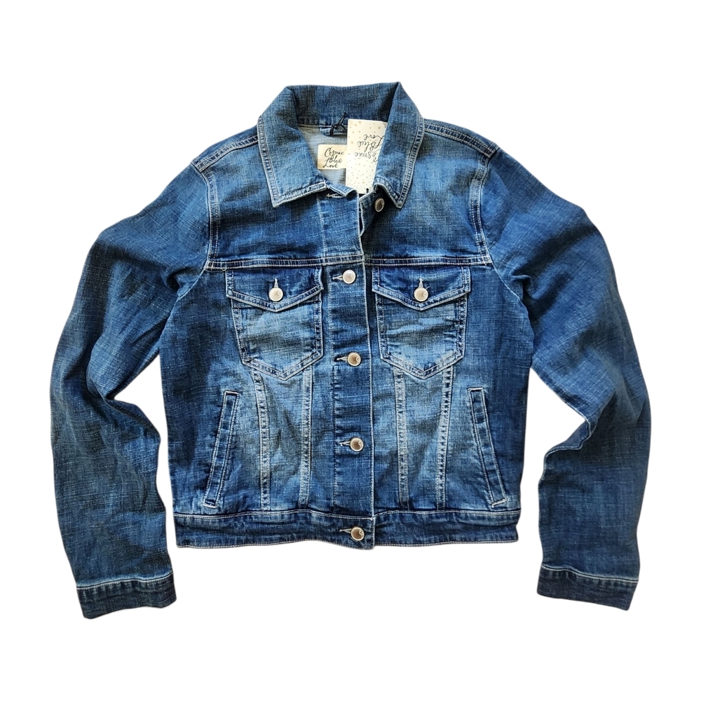 NWT Cosmic Blue Love Luminary Denim Jean Jacket XS Stretch Y2K Retro Grunge